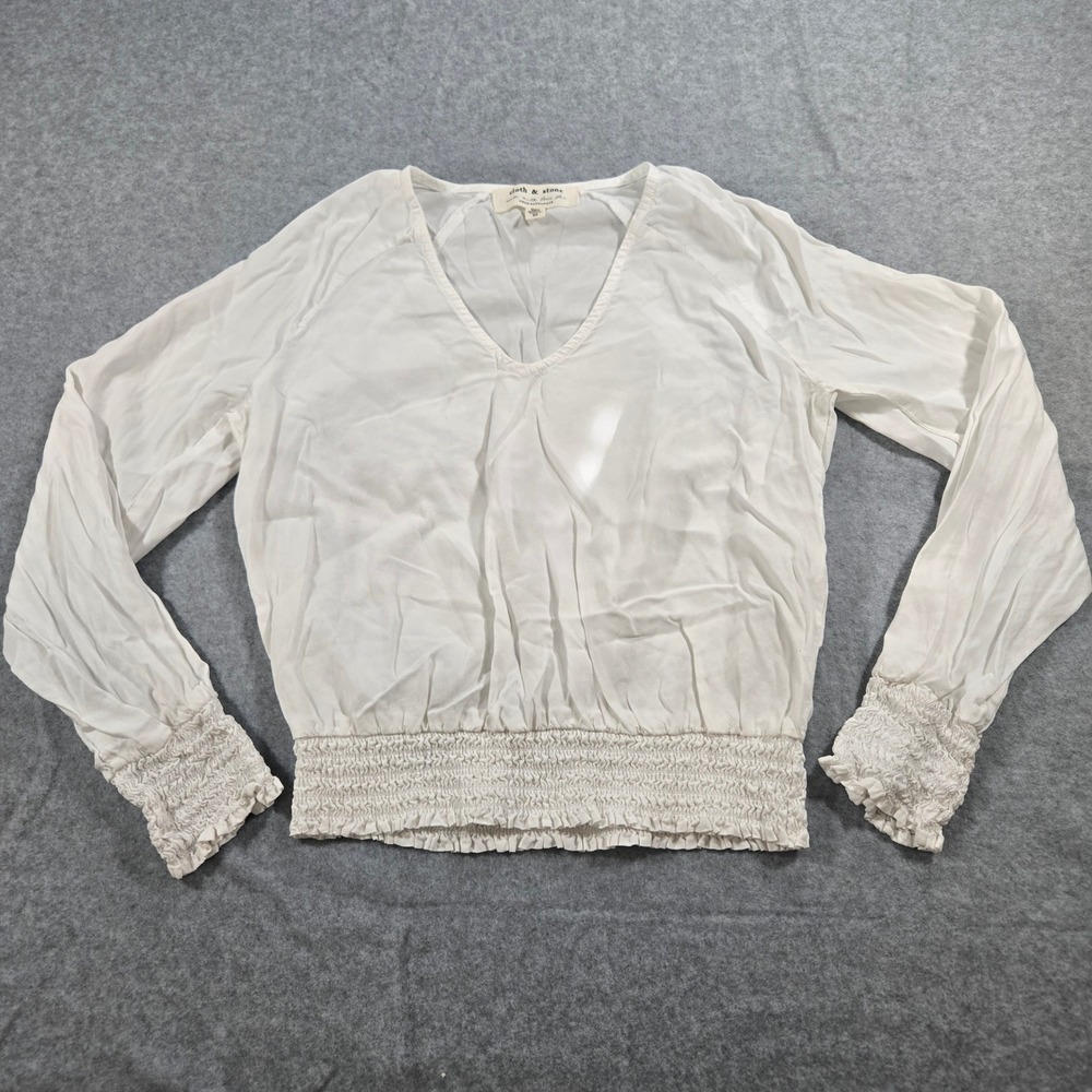 Cloth & Stone Anthropologie White Tencel V-Neck Smocked Blouse R9840-654 XS
